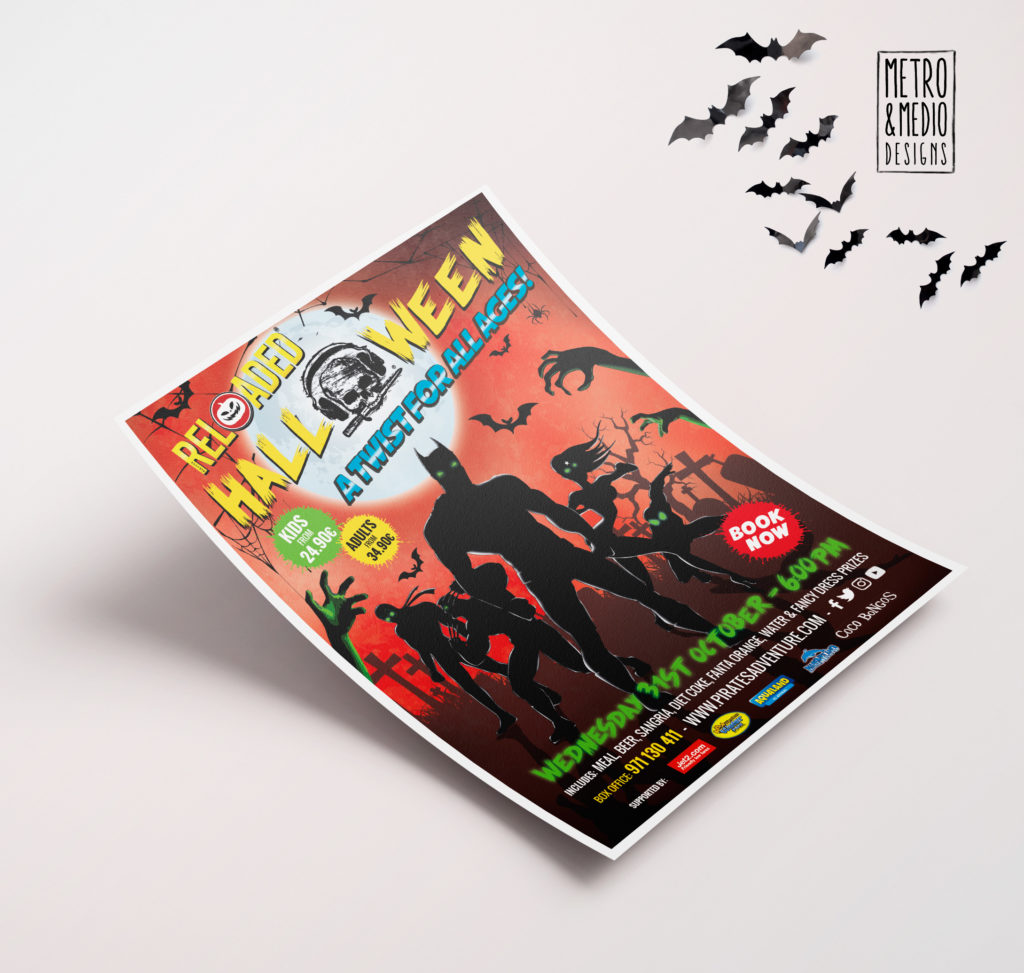 Flyer para fiesta de Halloween de Pirates Reloaded en Magaluf con superhéroes con fondo de cementerio