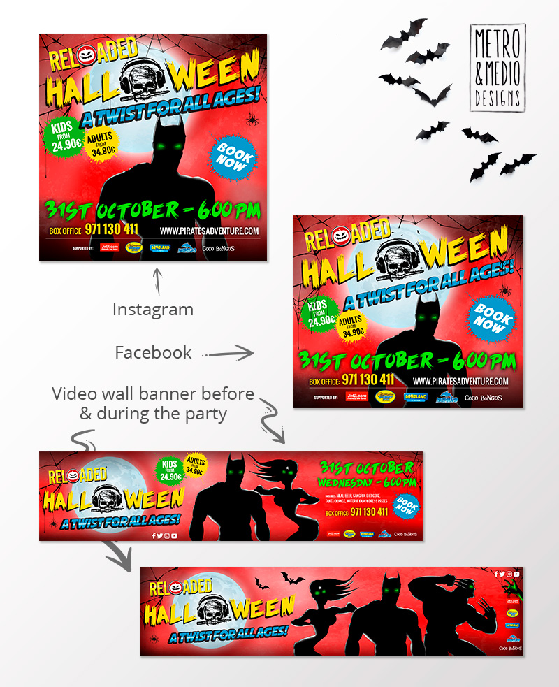 Banners para fiesta de Halloween de Pirates Reloaded en Magaluf con superhéroes con fondo de cementerio