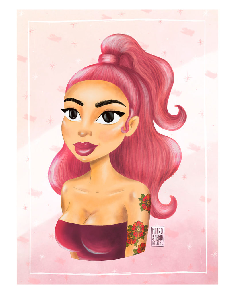 Ilustración estilo cartoon de chica con el pelo de color rosa, tatuaje y top granate
