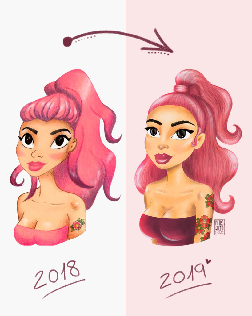 Progresión de ilustración estilo cartoon en un año de una chica con el pelo de color rosa, tatuaje y top palabra de honor