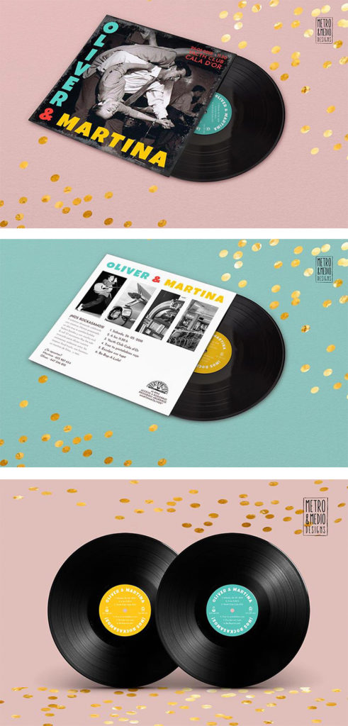 Vista de la portada, contraportada y la disco-invitación de boda inspirada en un disco de Elvis Preseley