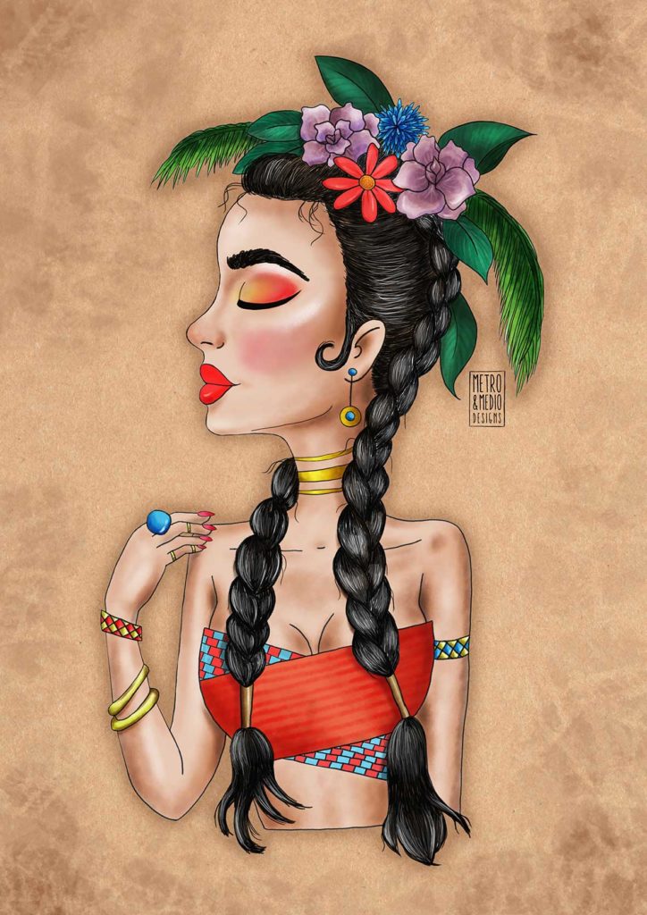Ilustración digital estilo cartoon de chica con corona de flores con look de festival veraniego de música