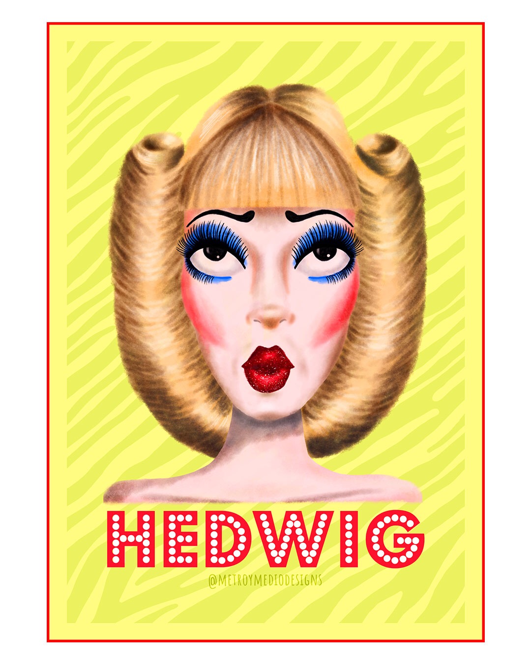 Ilustración digital de Hedwig, de la película Hedwign and the angry inch, con maquillaje drag y peluca rubia con enormes recogidos laterles en forma de rizo.. Inspirada en Neil Patrick Harris.