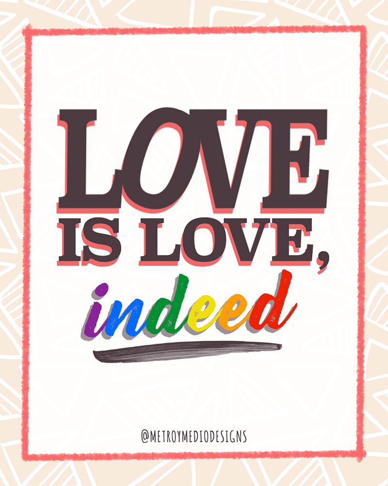 Lettering y composición tipográfica de Love is love, indeed. Con inspiración basada en la obra de Robert indiana.