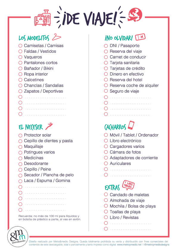 Lista de viaje de Metro&medio Designs para que no se te olvide nada antes de irte de viaje