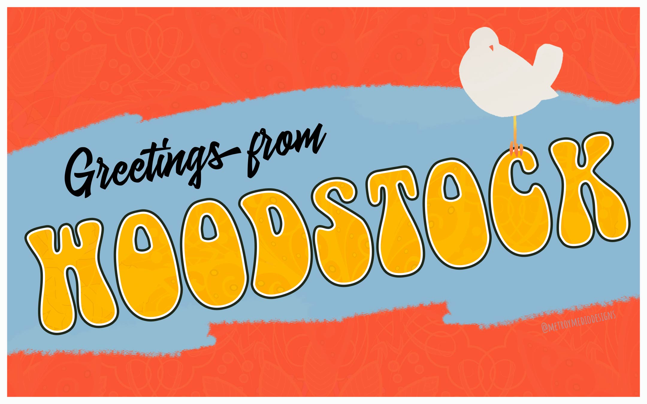 Postal inspirada en el cartel del festival de Woodstock de 1969