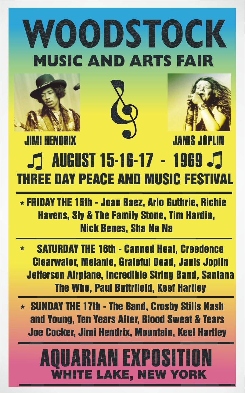 Possible primer cartel para el festival de Woodstock 1969 antes del diseño de Skolnick.