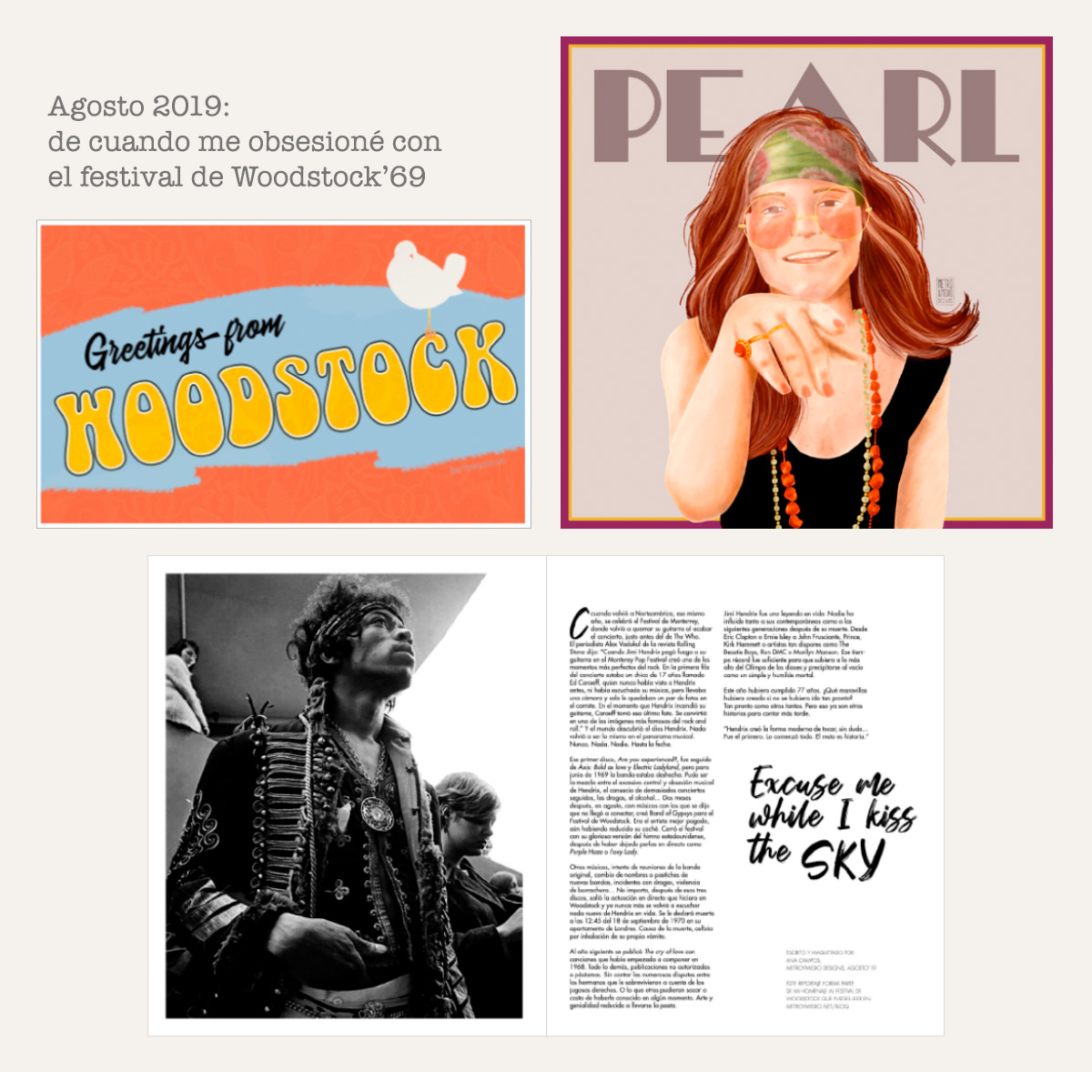 Postal Woodstock, retrato Janis Joplin, reportaje Jimi Hendrix de Metro&medio Designs.