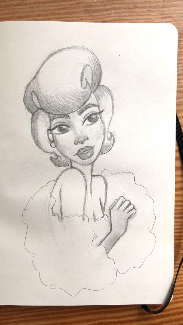 Boceto a lápiz de chica glamurosa. Pelo cardado y envuelta en una boa de plumas